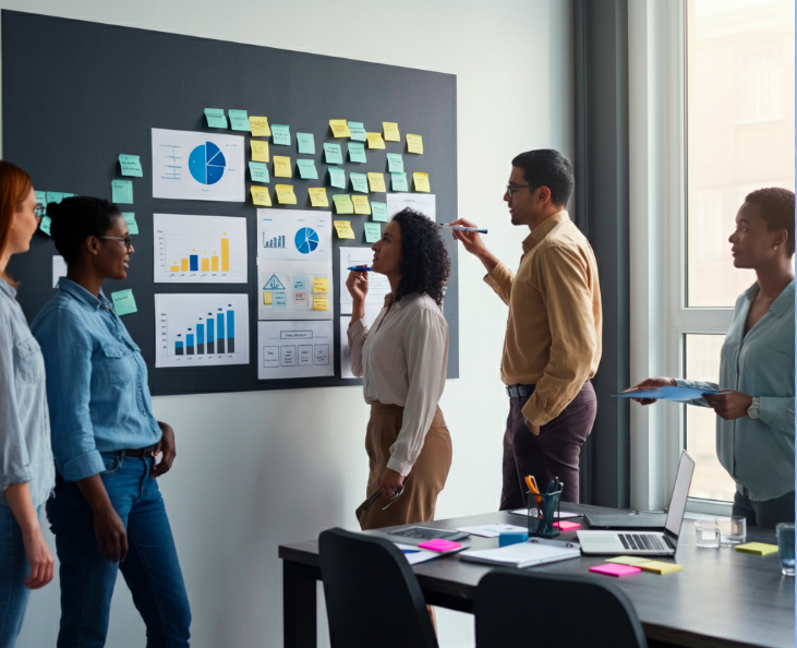 A diverse team of four professionals actively collaborating and strategizing around a large whiteboard filled with charts and sticky notes in a modern office. The scene emphasizes teamwork, creativity, and growth.